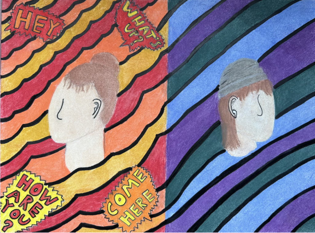 An art piece depicting a girl in public vs. alone. The public side has loud and bright colors, whereas the alone side has calm and cool colors, representing two sides of the same person. 